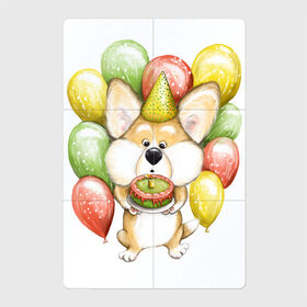 Магнитный плакат 2Х3 с принтом Милый корги с тортиком в Петрозаводске, Полимерный материал с магнитным слоем | 6 деталей размером 9*9 см | Тематика изображения на принте: день рождения | желтый | зеленый | корги | малыш | ребенок | торт | шарики
