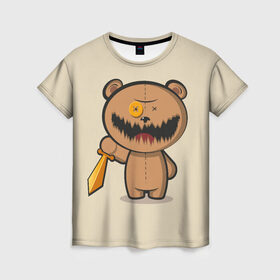 Женская футболка 3D с принтом МИШКА в Петрозаводске, 100% полиэфир ( синтетическое хлопкоподобное полотно) | прямой крой, круглый вырез горловины, длина до линии бедер | злой | игрушка | любовь | медвежонок | мишка | ужасы | юмор
