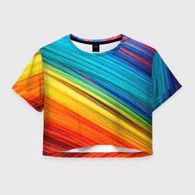 Женская футболка Crop-top 3D с принтом цветной мех диагональ в Петрозаводске, 100% полиэстер | круглая горловина, длина футболки до линии талии, рукава с отворотами | волокна | геометрия | диагональ | краски | мех | полоски | полосы | радуга | текстура | цвета | яркий