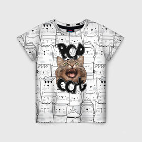Детская футболка 3D с принтом Pop Cat в Петрозаводске, 100% гипоаллергенный полиэфир | прямой крой, круглый вырез горловины, длина до линии бедер, чуть спущенное плечо, ткань немного тянется | Тематика изображения на принте: pop cat | wide mouthed popping cat | арты | буп | мемы