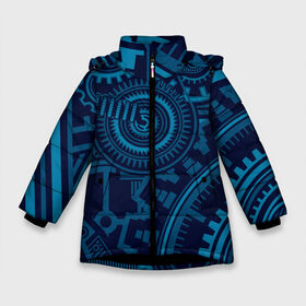 Зимняя куртка для девочек 3D с принтом Steampunk Mechanic Blue в Петрозаводске, ткань верха — 100% полиэстер; подклад — 100% полиэстер, утеплитель — 100% полиэстер. | длина ниже бедра, удлиненная спинка, воротник стойка и отстегивающийся капюшон. Есть боковые карманы с листочкой на кнопках, утяжки по низу изделия и внутренний карман на молнии. 

Предусмотрены светоотражающий принт на спинке, радужный светоотражающий элемент на пуллере молнии и на резинке для утяжки. | gears | mechanics | mechanism | steampunk | механизм | механика | стимпанк | шестеренки