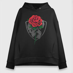 Женское худи Oversize хлопок с принтом Skull&Rose в Петрозаводске, френч-терри — 70% хлопок, 30% полиэстер. Мягкий теплый начес внутри —100% хлопок | боковые карманы, эластичные манжеты и нижняя кромка, капюшон на магнитной кнопке | герб | знак | роза | символ | скелет | цветок | череп