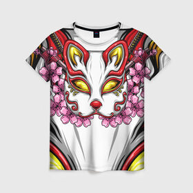 Женская футболка 3D с принтом Японский демон в Петрозаводске, 100% полиэфир ( синтетическое хлопкоподобное полотно) | прямой крой, круглый вырез горловины, длина до линии бедер | demon | fox | japanese | mask | арт | голова | демон | маска | монстр | рисунок | цветы | японский