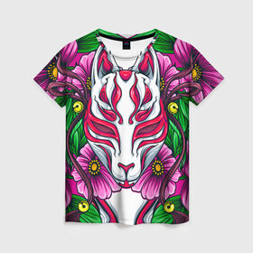 Женская футболка 3D с принтом Японский демон в Петрозаводске, 100% полиэфир ( синтетическое хлопкоподобное полотно) | прямой крой, круглый вырез горловины, длина до линии бедер | demon | fox | japanese | mask | арт | голова | демон | маска | монстр | рисунок | цветы | японский