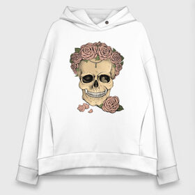 Женское худи Oversize хлопок с принтом Skull Roses в Петрозаводске, френч-терри — 70% хлопок, 30% полиэстер. Мягкий теплый начес внутри —100% хлопок | боковые карманы, эластичные манжеты и нижняя кромка, капюшон на магнитной кнопке | art | body | bones | dead | drawing | face | graffiti | head | roses | skeleton | skul | skull | ад | арт | голова | граффити | зло | кости | лицо | металл | нарисованный | розы | рок | скелет | скул | скулл | три черепа | тьма