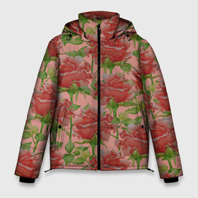 Мужская зимняя куртка 3D с принтом Розы на розовом фоне в Петрозаводске, верх — 100% полиэстер; подкладка — 100% полиэстер; утеплитель — 100% полиэстер | длина ниже бедра, свободный силуэт Оверсайз. Есть воротник-стойка, отстегивающийся капюшон и ветрозащитная планка. 

Боковые карманы с листочкой на кнопках и внутренний карман на молнии. | 8 марта | flowers | march 8 | spring | ботаническая иллюстрация | весна | день рождения | зеленый | красный | лето | любовь | праздник | принт | природа | растения | розовый | розы | цветы