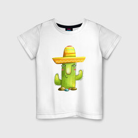 Детская футболка хлопок с принтом Кактус в Петрозаводске, 100% хлопок | круглый вырез горловины, полуприлегающий силуэт, длина до линии бедер | горшок | кактусик | мексиканец | цветы | шляпа