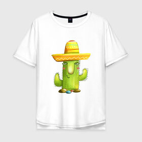 Мужская футболка хлопок Oversize с принтом Кактус в Петрозаводске, 100% хлопок | свободный крой, круглый ворот, “спинка” длиннее передней части | горшок | кактусик | мексиканец | цветы | шляпа