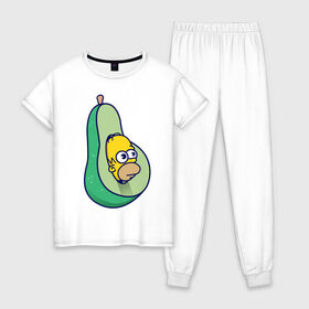 Женская пижама хлопок с принтом Гомер авокадо в Петрозаводске, 100% хлопок | брюки и футболка прямого кроя, без карманов, на брюках мягкая резинка на поясе и по низу штанин | авокадо | гомер | гомер авокадо | гомер симпсон | еда | пища | популярные иллюстрации | симсоны
