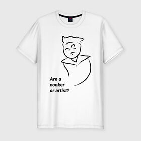 Мужская футболка хлопок Slim с принтом Are u cooker or artist? в Петрозаводске, 92% хлопок, 8% лайкра | приталенный силуэт, круглый вырез ворота, длина до линии бедра, короткий рукав | artist | cooker | illustration | meme | иллюстрация | мем | повар | художник