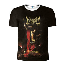 Мужская футболка 3D спортивная с принтом Mayhem в Петрозаводске, 100% полиэстер с улучшенными характеристиками | приталенный силуэт, круглая горловина, широкие плечи, сужается к линии бедра | black | cover | daemon | demon | devil | heavy | mayhem | metal | music | rock | демон | дьявол | мейхем | метал | музыка | обложка | рок | тяжелый | черный | черт