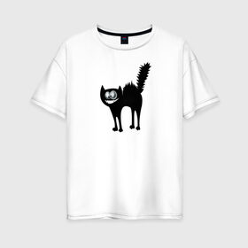 Женская футболка хлопок Oversize с принтом Забавный Кот в Петрозаводске, 100% хлопок | свободный крой, круглый ворот, спущенный рукав, длина до линии бедер
 | animals | beast | eyes | глаза | животные | забавный | звери | зубы | кот | котенок | кошка | прикол | пушистый | смешной | черный
