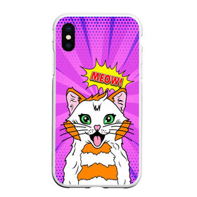 Чехол для iPhone XS Max матовый с принтом Meow Pop Art Cat в Петрозаводске, Силикон | Область печати: задняя сторона чехла, без боковых панелей | comics | kitty | meow | pop art | pop cat | retro | арт | белый кот | взгляд | глаза | голова кота | животные | киска | комикс | кот | кошак | кошечка | мем | мультяшный | мур мур | мяу | поп арт | прикол | пушистик | ретро