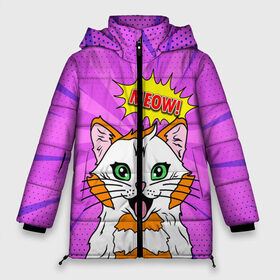 Женская зимняя куртка Oversize с принтом Meow Pop Art Cat в Петрозаводске, верх — 100% полиэстер; подкладка — 100% полиэстер; утеплитель — 100% полиэстер | длина ниже бедра, силуэт Оверсайз. Есть воротник-стойка, отстегивающийся капюшон и ветрозащитная планка. 

Боковые карманы с листочкой на кнопках и внутренний карман на молнии | comics | kitty | meow | pop art | pop cat | retro | арт | белый кот | взгляд | глаза | голова кота | животные | киска | комикс | кот | кошак | кошечка | мем | мультяшный | мур мур | мяу | поп арт | прикол | пушистик | ретро