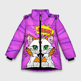 Зимняя куртка для девочек 3D с принтом Meow Pop Art Cat в Петрозаводске, ткань верха — 100% полиэстер; подклад — 100% полиэстер, утеплитель — 100% полиэстер. | длина ниже бедра, удлиненная спинка, воротник стойка и отстегивающийся капюшон. Есть боковые карманы с листочкой на кнопках, утяжки по низу изделия и внутренний карман на молнии. 

Предусмотрены светоотражающий принт на спинке, радужный светоотражающий элемент на пуллере молнии и на резинке для утяжки. | Тематика изображения на принте: comics | kitty | meow | pop art | pop cat | retro | арт | белый кот | взгляд | глаза | голова кота | животные | киска | комикс | кот | кошак | кошечка | мем | мультяшный | мур мур | мяу | поп арт | прикол | пушистик | ретро