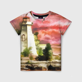 Детская футболка 3D с принтом Lighthouse в Петрозаводске, 100% гипоаллергенный полиэфир | прямой крой, круглый вырез горловины, длина до линии бедер, чуть спущенное плечо, ткань немного тянется | Тематика изображения на принте: lighthouse | закат | маяк | небо | природа