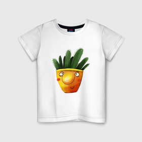 Детская футболка хлопок с принтом Кактус в Петрозаводске, 100% хлопок | круглый вырез горловины, полуприлегающий силуэт, длина до линии бедер | what | горшок | кактусик | цветы | чего | чее
