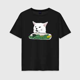 Женская футболка хлопок Oversize с принтом Смадж и овощи в Петрозаводске, 100% хлопок | свободный крой, круглый ворот, спущенный рукав, длина до линии бедер
 | animals | cat | cat meme | kitty | memes | smudge | белый кот | голова кота | еда | животные | звери | злой кот | интернет мемы | интернет приколы | кот за столом | кот мем | котенок | кошак | мемы | овощи | питомец | смадж