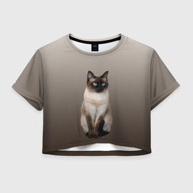 Женская футболка Crop-top 3D с принтом Сиамский кот голубые глаза в Петрозаводске, 100% полиэстер | круглая горловина, длина футболки до линии талии, рукава с отворотами | арт | бежевый | градиент | киса | коричневый | кот | котейка | котенок | котик | котэ | кошка | реализм | сиамец | сиамский