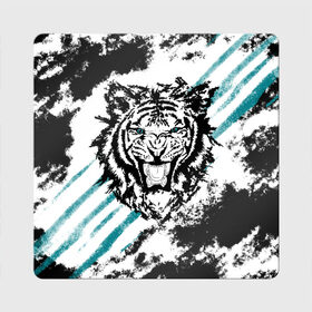 Магнит виниловый Квадрат с принтом Голубоглазый тигр в Петрозаводске, полимерный материал с магнитным слоем | размер 9*9 см, закругленные углы | абстракция | агрессивный | злой | зубы | клякса | пасть | полоски | полосы | суровый | тигр | чернота
