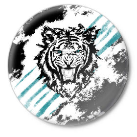 Значок с принтом Голубоглазый тигр в Петрозаводске,  металл | круглая форма, металлическая застежка в виде булавки | абстракция | агрессивный | злой | зубы | клякса | пасть | полоски | полосы | суровый | тигр | чернота