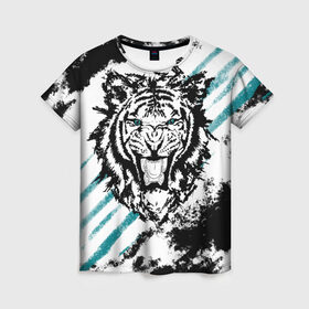 Женская футболка 3D с принтом Голубоглазый тигр в Петрозаводске, 100% полиэфир ( синтетическое хлопкоподобное полотно) | прямой крой, круглый вырез горловины, длина до линии бедер | абстракция | агрессивный | злой | зубы | клякса | пасть | полоски | полосы | суровый | тигр | чернота