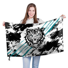 Флаг 3D с принтом Голубоглазый тигр в Петрозаводске, 100% полиэстер | плотность ткани — 95 г/м2, размер — 67 х 109 см. Принт наносится с одной стороны | абстракция | агрессивный | злой | зубы | клякса | пасть | полоски | полосы | суровый | тигр | чернота