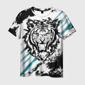 Мужская футболка 3D с принтом Голубоглазый тигр в Петрозаводске, 100% полиэфир | прямой крой, круглый вырез горловины, длина до линии бедер | абстракция | агрессивный | злой | зубы | клякса | пасть | полоски | полосы | суровый | тигр | чернота