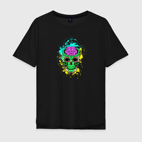 Мужская футболка хлопок Oversize с принтом Psychedelic skull в Петрозаводске, 100% хлопок | свободный крой, круглый ворот, “спинка” длиннее передней части | skull | брызги | мозг | монстр | психоделика | скелет | череп | чудовище