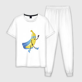 Мужская пижама хлопок с принтом Baana man в Петрозаводске, 100% хлопок | брюки и футболка прямого кроя, без карманов, на брюках мягкая резинка на поясе и по низу штанин
 | banana | man | superhero | банан | супергерой | человек банан