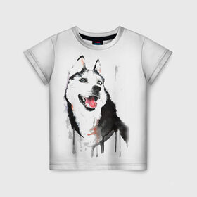 Детская футболка 3D с принтом Хаски красками в Петрозаводске, 100% гипоаллергенный полиэфир | прямой крой, круглый вырез горловины, длина до линии бедер, чуть спущенное плечо, ткань немного тянется | Тематика изображения на принте: dogs | рисунок | собаки | хаски | щенок
