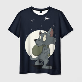 Мужская футболка 3D с принтом Серый волчонок в Петрозаводске, 100% полиэфир | прямой крой, круглый вырез горловины, длина до линии бедер | графика | звезды | ночь | персонаж | природа | рисунок | сказка | сон | хищник