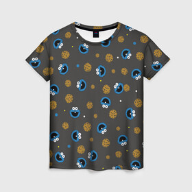 Женская футболка 3D с принтом Cookie Monster в Петрозаводске, 100% полиэфир ( синтетическое хлопкоподобное полотно) | прямой крой, круглый вырез горловины, длина до линии бедер | коржик | монстр | мультик | мультфильм | персонаж | печенье | текстура | улица сезам