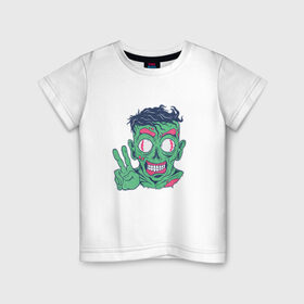 Детская футболка хлопок с принтом Дружелюбный зомби в Петрозаводске, 100% хлопок | круглый вырез горловины, полуприлегающий силуэт, длина до линии бедер | cartoon | creature | friendly | funny | halloween | horror | monster | peace | zombie | друг | дружелюбный | зомби | мир | монстр | мультфильм | смешной | существо | сущность | ужас | хэллоуин | чудовище