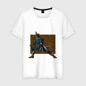 Мужская футболка хлопок с принтом Воин Рино в Петрозаводске, 100% хлопок | прямой крой, круглый вырез горловины, длина до линии бедер, слегка спущенное плечо. | warframe | арт | варфрейм | воин | индеец | рино | рисунок