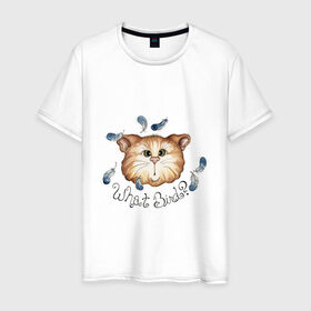 Мужская футболка хлопок с принтом котик и перья птичик в Петрозаводске, 100% хлопок | прямой крой, круглый вырез горловины, длина до линии бедер, слегка спущенное плечо. | влюбленный | котенок | котик | минимализм | перья | простой | птичка | рисунок