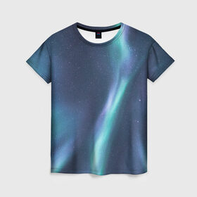 Женская футболка 3D с принтом Северное Сияние в Петрозаводске, 100% полиэфир ( синтетическое хлопкоподобное полотно) | прямой крой, круглый вырез горловины, длина до линии бедер | звёздное небо | зелёный | северное небо. | синий | фиолетовый