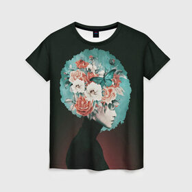Женская футболка 3D с принтом Girl in flowers в Петрозаводске, 100% полиэфир ( синтетическое хлопкоподобное полотно) | прямой крой, круглый вырез горловины, длина до линии бедер | 8 марта | лучшая в мире | мама | подарок | подарок женщине | подарок любимым | подарок на 8 марта | самая лучшая  в мире | семья