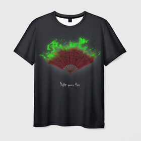 Мужская футболка 3D с принтом Light your fire в Петрозаводске, 100% полиэфир | прямой крой, круглый вырез горловины, длина до линии бедер | веер | зажги свой огонь | зеленый огонь | пламя | темный фон