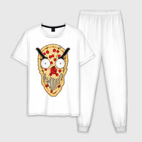 Мужская пижама хлопок с принтом Злая пицца в Петрозаводске, 100% хлопок | брюки и футболка прямого кроя, без карманов, на брюках мягкая резинка на поясе и по низу штанин
 | Тематика изображения на принте: evil | pizza | голова | еда | злой | монстр | пицца | хипстер | череп