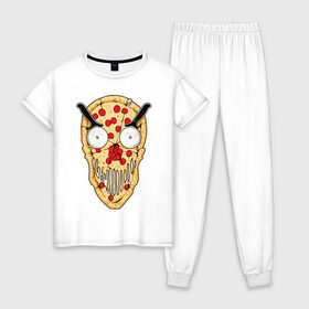 Женская пижама хлопок с принтом Злая пицца в Петрозаводске, 100% хлопок | брюки и футболка прямого кроя, без карманов, на брюках мягкая резинка на поясе и по низу штанин | evil | pizza | голова | еда | злой | монстр | пицца | хипстер | череп