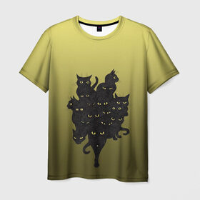 Мужская футболка 3D с принтом много черных котов в Петрозаводске, 100% полиэфир | прямой крой, круглый вырез горловины, длина до линии бедер | градиент | демоны | дьяволы | желтые глаза | коты | кошки | магия | мрак | персонаж | потусторонье | примета | рисунок | сущность | черные | черный