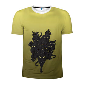 Мужская футболка 3D спортивная с принтом много черных котов в Петрозаводске, 100% полиэстер с улучшенными характеристиками | приталенный силуэт, круглая горловина, широкие плечи, сужается к линии бедра | градиент | демоны | дьяволы | желтые глаза | коты | кошки | магия | мрак | персонаж | потусторонье | примета | рисунок | сущность | черные | черный