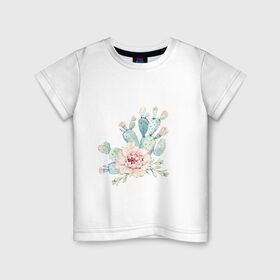 Детская футболка хлопок с принтом цветущий кактус акварель в Петрозаводске, 100% хлопок | круглый вырез горловины, полуприлегающий силуэт, длина до линии бедер | акварель | акварельный | весна | кактус | мило | природа | растение | рисунок | суккулент | цветение | цветок | цветущий