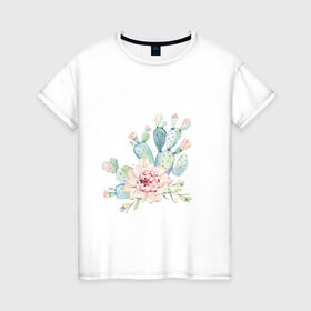 Женская футболка хлопок с принтом цветущий кактус акварель в Петрозаводске, 100% хлопок | прямой крой, круглый вырез горловины, длина до линии бедер, слегка спущенное плечо | акварель | акварельный | весна | кактус | мило | природа | растение | рисунок | суккулент | цветение | цветок | цветущий