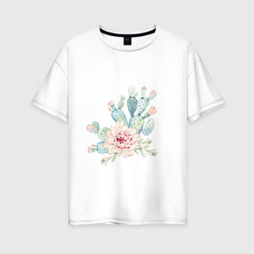 Женская футболка хлопок Oversize с принтом цветущий кактус акварель в Петрозаводске, 100% хлопок | свободный крой, круглый ворот, спущенный рукав, длина до линии бедер
 | акварель | акварельный | весна | кактус | мило | природа | растение | рисунок | суккулент | цветение | цветок | цветущий