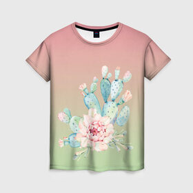 Женская футболка 3D с принтом суккулент градиент в Петрозаводске, 100% полиэфир ( синтетическое хлопкоподобное полотно) | прямой крой, круглый вырез горловины, длина до линии бедер | акварель | акварельный | весна | кактус | мило | природа | растение | рисунок | суккулент | сукулент | цветение | цветок | цветущий | цветы