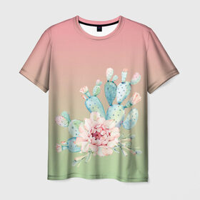 Мужская футболка 3D с принтом суккулент градиент в Петрозаводске, 100% полиэфир | прямой крой, круглый вырез горловины, длина до линии бедер | акварель | акварельный | весна | кактус | мило | природа | растение | рисунок | суккулент | сукулент | цветение | цветок | цветущий | цветы