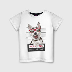 Детская футболка хлопок с принтом Задержанный хаски в Петрозаводске, 100% хлопок | круглый вырез горловины, полуприлегающий силуэт, длина до линии бедер | очки | преступник | собака | улыбака | улыбка | хаски | хипстер