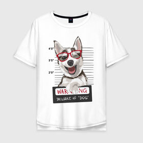 Мужская футболка хлопок Oversize с принтом Задержанный хаски в Петрозаводске, 100% хлопок | свободный крой, круглый ворот, “спинка” длиннее передней части | очки | преступник | собака | улыбака | улыбка | хаски | хипстер